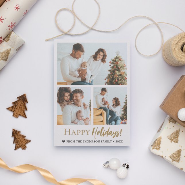Happy Holidays Gold Script 3 photos Christmas Julkort (Happy holidays 3 family photo Christmas card template Gold script.)