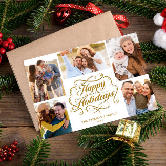 Happy Holidays Gold & White 5 Photo Collage Card Julkort