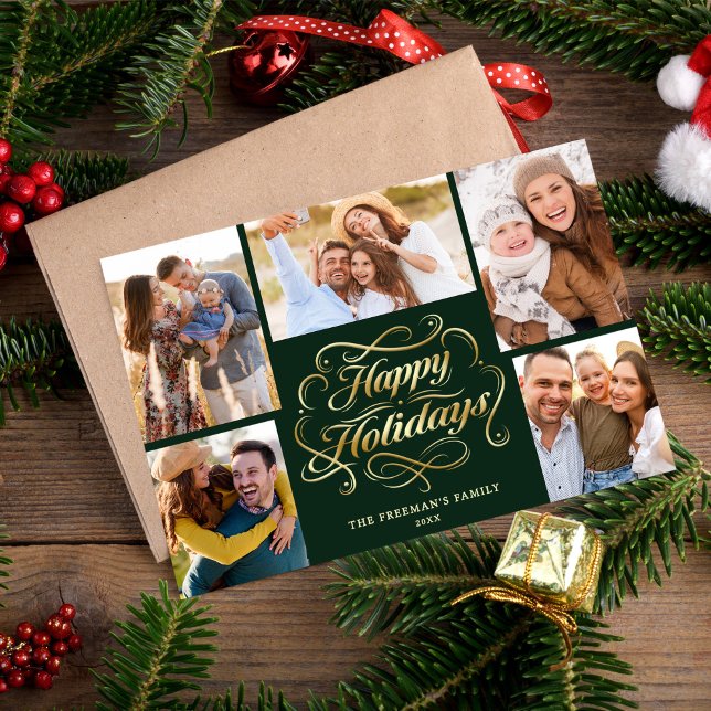 Happy Holidays Green & Gold 5 Photo Collage Card Julkort (Skapare uppladdad)