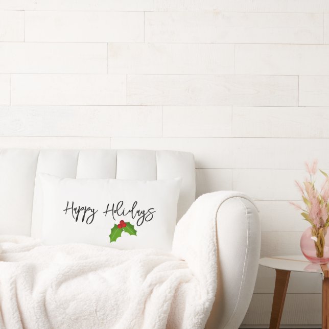 Happy Holidays Green Holly Berries Festive Home Lumbarkudde (Soffa)