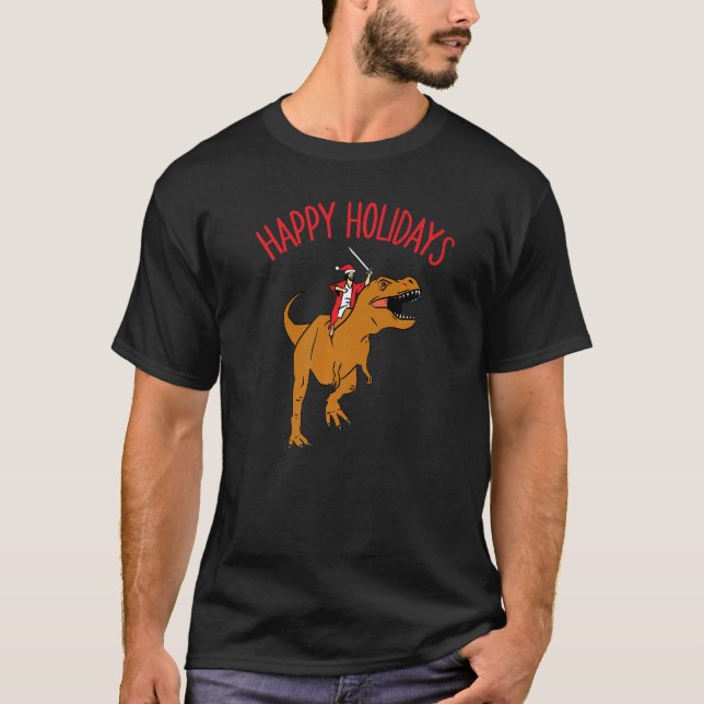 Happy Holidays Jesus Riding Tyrannosaurus Rex Jesu T Shirt (Framsida)