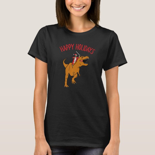 Happy Holidays Jesus Riding Tyrannosaurus Rex Jesu T Shirt (Framsida)