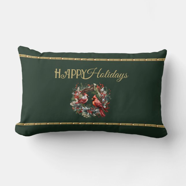 Happy Holidays Lumbar Pillow with Cardinal Wreath Lumbarkudde (Framsida)