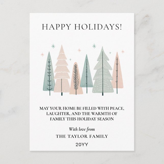 Happy Holidays Minimalist Boho Forest Trees Helg Vykort (Framsida)