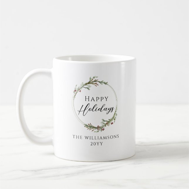 Happy Holidays Minimalist Family Name Wreath Kaffemugg (Vänster)