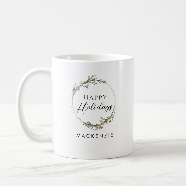 Happy Holidays Minimalist Name Wreath Kaffemugg (Vänster)