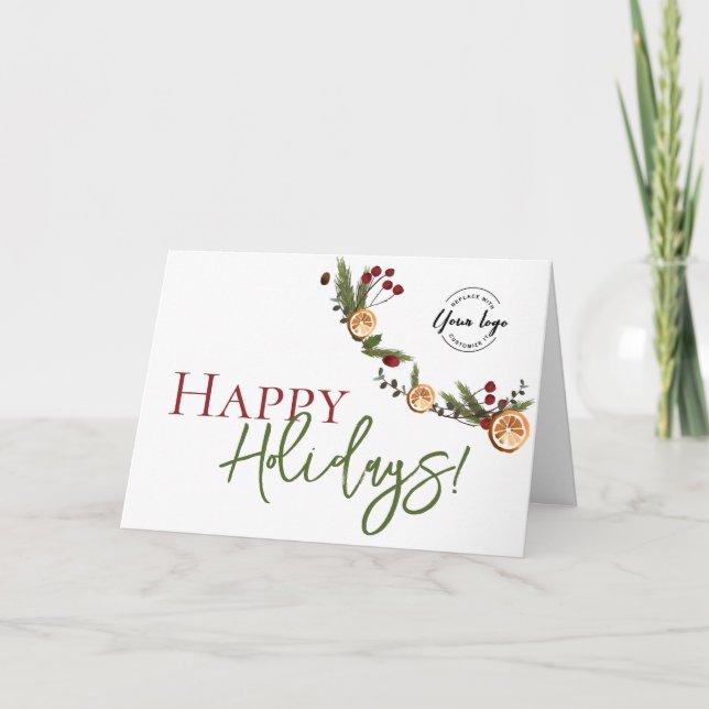 Happy Holidays Oranges wreath leaves Custom Logo  Kort (Framsida)