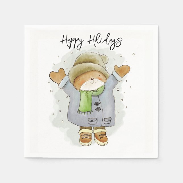 Happy Holidays Paper Napkins Cat Kitten Snow  Pappersservett (Framsidan)