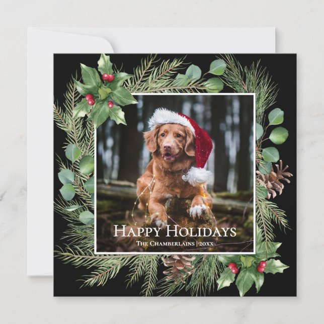 Happy Holidays Pet Photo Wreath Square Card (Framsida)