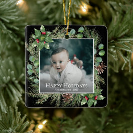 Happy Holidays Photo Wreath Botanical Christmas Julgransprydnad Keramik