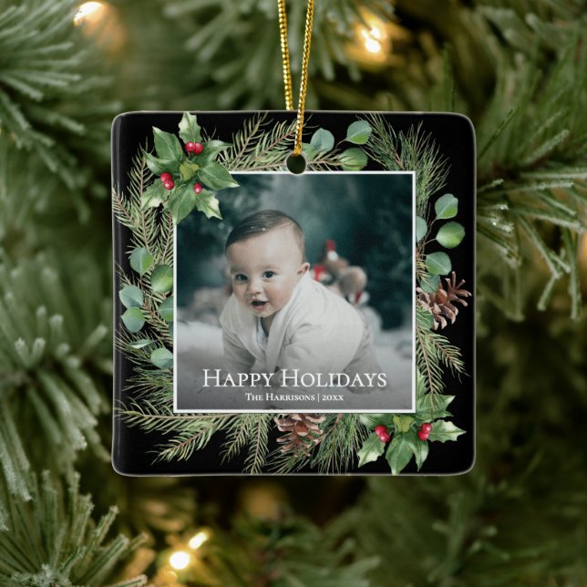 Happy Holidays Photo Wreath Botanical Christmas Julgransprydnad Keramik (Träd)