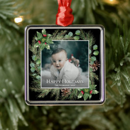 Happy Holidays Photo Wreath Botanical Christmas Julgransprydnad Metall