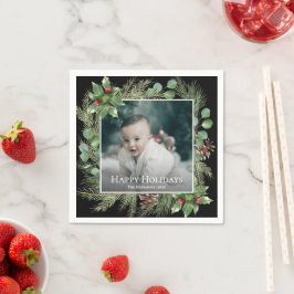 Happy Holidays Photo Wreath Botanical Christmas Pappersservett