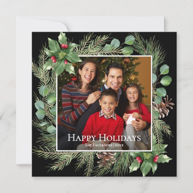 Happy Holidays Photo Wreath Greenery Square Card (Framsida)