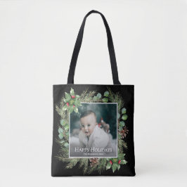 Happy Holidays Photo Wreath Greenery Square Tygkasse