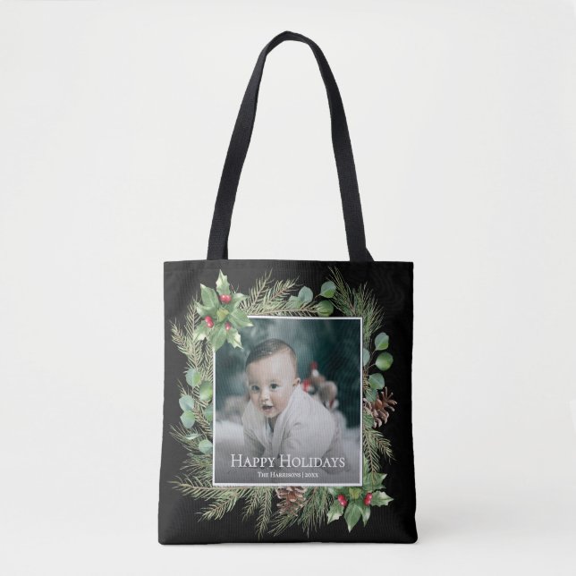 Happy Holidays Photo Wreath Greenery Square Tygkasse (Framsida)