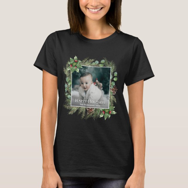 Happy Holidays Photo Wreath Greenery  T Shirt (Framsida)