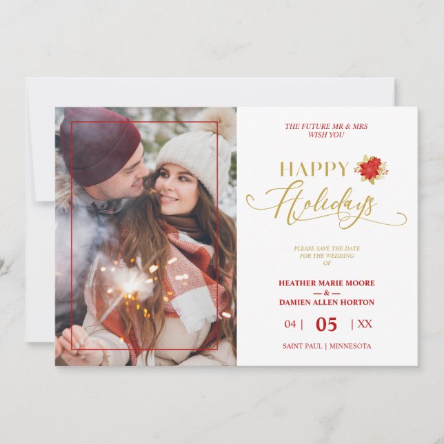 Happy Holidays Poinsettias Wreath Photo Wedding Spara Datumet (Framsida)