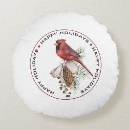 HAPPY HOLIDAYS, Red Christmas Cardinal Watercolor Rund Kudde