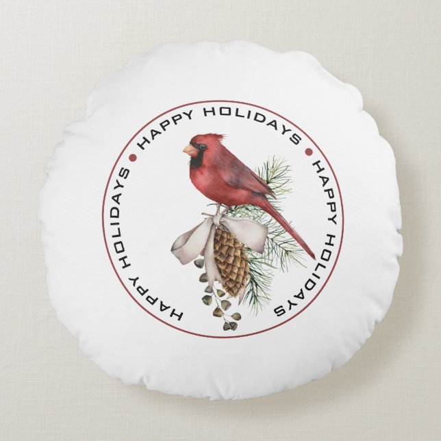 HAPPY HOLIDAYS, Red Christmas Cardinal Watercolor Rund Kudde (Framsidan)