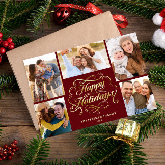 Happy Holidays Red & Gold 5 Photo Collage Card Julkort