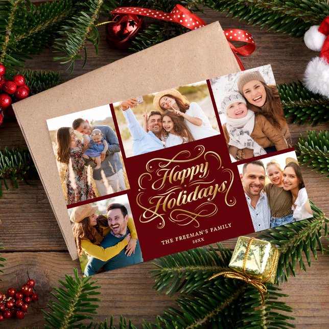 Happy Holidays Red & Gold 5 Photo Collage Card Julkort (Skapare uppladdad)