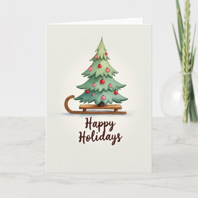 Happy Holidays Tree on Sled Card Kort (Framsida)