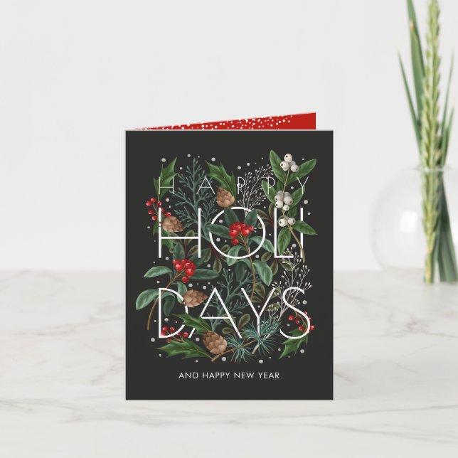 Happy Holidays Typography Greenery Berries Folded Helgkort (Framsida)