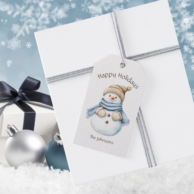 Happy Holidays Watercolor Snowman Family Name Presentetikett (Skapare uppladdad)