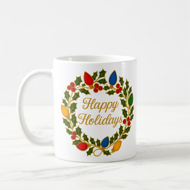 Happy Holidays Wreath Christmas Lights and Holly Kaffemugg (Vänster)