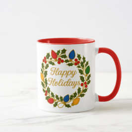 Happy Holidays Wreath Christmas Lights and Holly Mugg