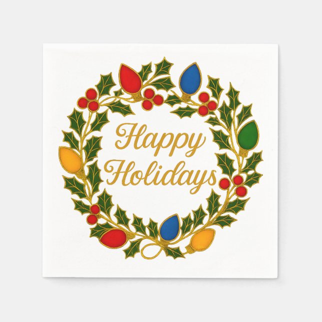 Happy Holidays Wreath Christmas Lights and Holly Pappersservett (Framsidan)