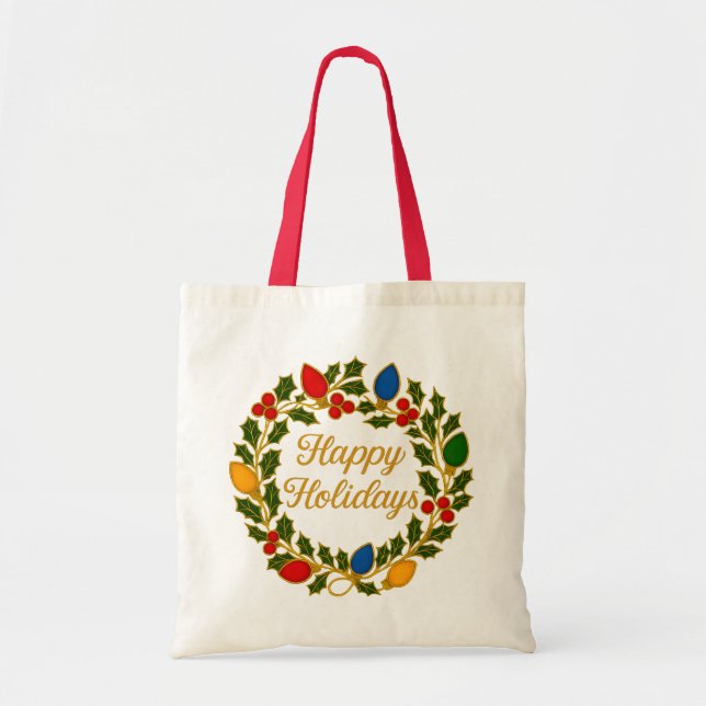 Happy Holidays Wreath Christmas Lights and Holly Tygkasse (Framsidan)