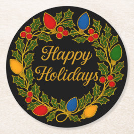 Happy Holidays Wreath Christmas Lights and Holly Underlägg Papper Rund