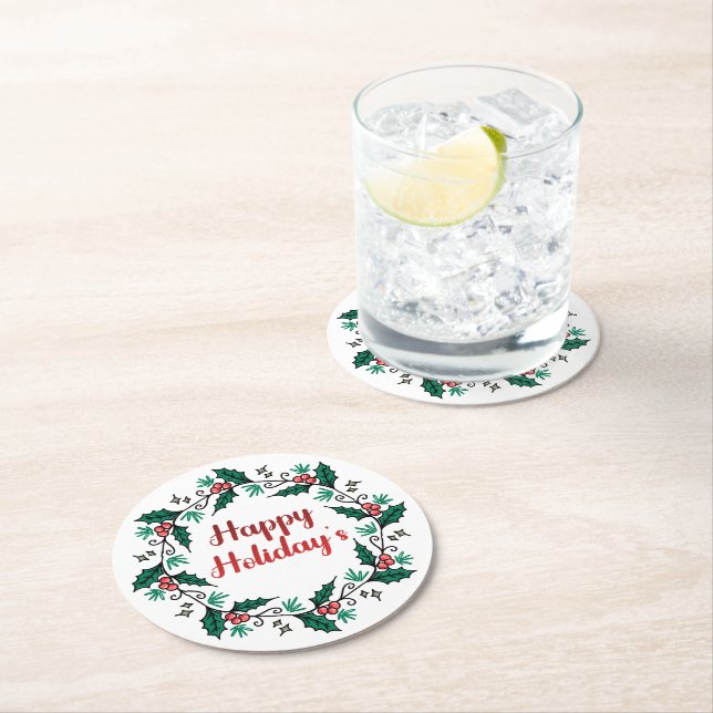 Happy Holiday's Wreath Paper Coaster Underlägg Papper Rund (Insitu)