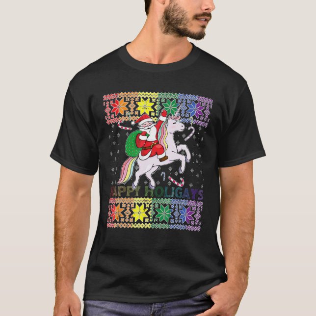 Happy Holigays Gay Christmas Pajamas Santa Riding T Shirt (Framsida)