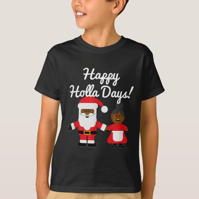 Happy Holla Days Santa And Mrs Claus Black Christm T Shirt (Framsida)