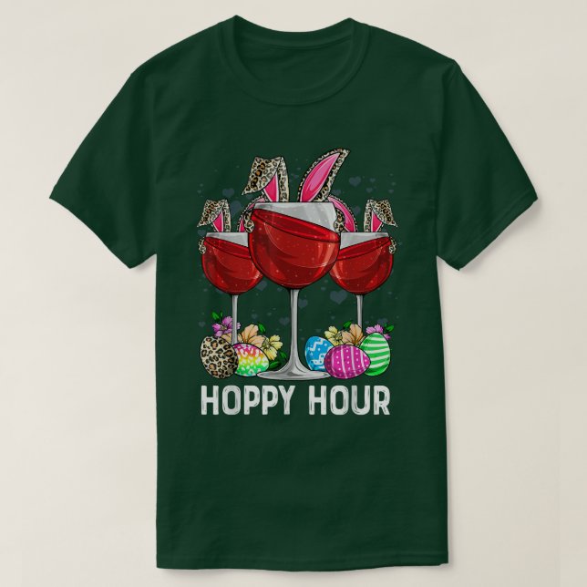 Happy Hour Bunny Ears Wine Lover Leopard Easter Eg T Shirt (Design framsida)