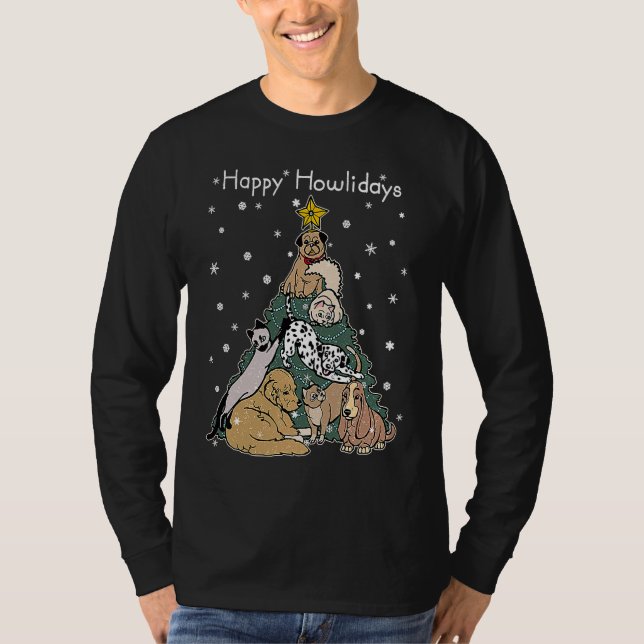 Happy Howlidays  Funny Dog & Cat Christmas Tree T Shirt (Framsida)