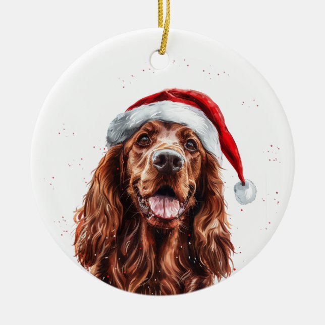 Happy Irish Setter Dog Christmas Personalized Julgransprydnad Keramik (Framsidan)