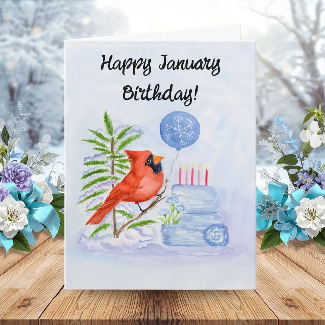 Happy January Birthday Cardinal with Birthday Cake Kort (Skapare uppladdad)