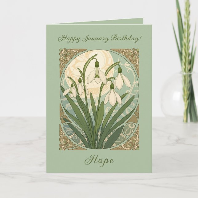 Happy January Birthday Galanthus Flowers Art Nouve Kort (Framsida)