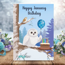 Happy January Birthday Snowy Owl with Cake