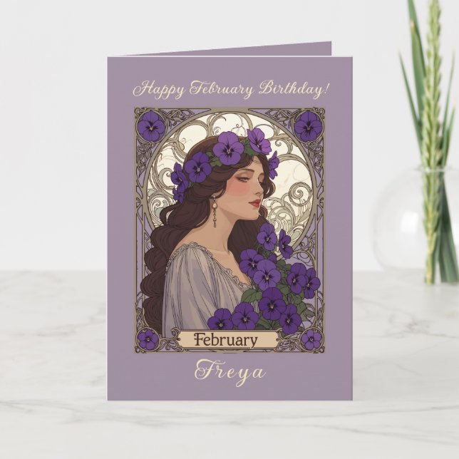 Happy January Birthday Violet Flowers Art Nouveau Kort (Framsida)