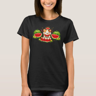 Happy Kawaii Cat with Watermelon Illustration T Shirt