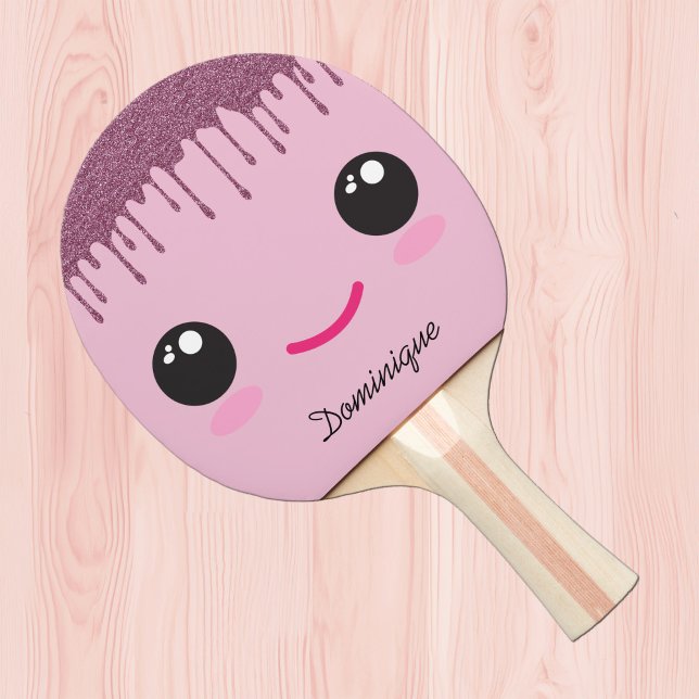 Happy Kawaii Face Faux Glitter Customizable Name  Pingisracket (Skapare uppladdad)