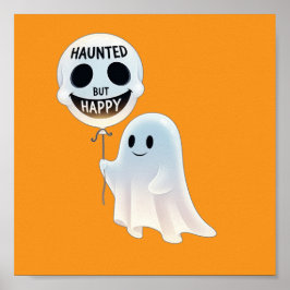 Happy Kawaii Ghost with Skull Balloon Poster