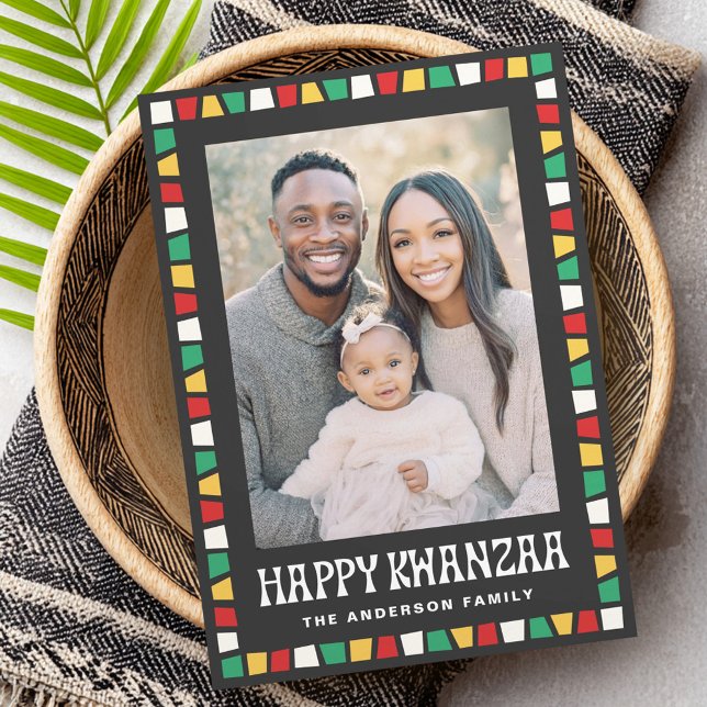 Happy Kwanzaa red green yellow mosaic border photo Julkort (Happy Kwanzaa red green yellow mosaic border photo Holiday Card)