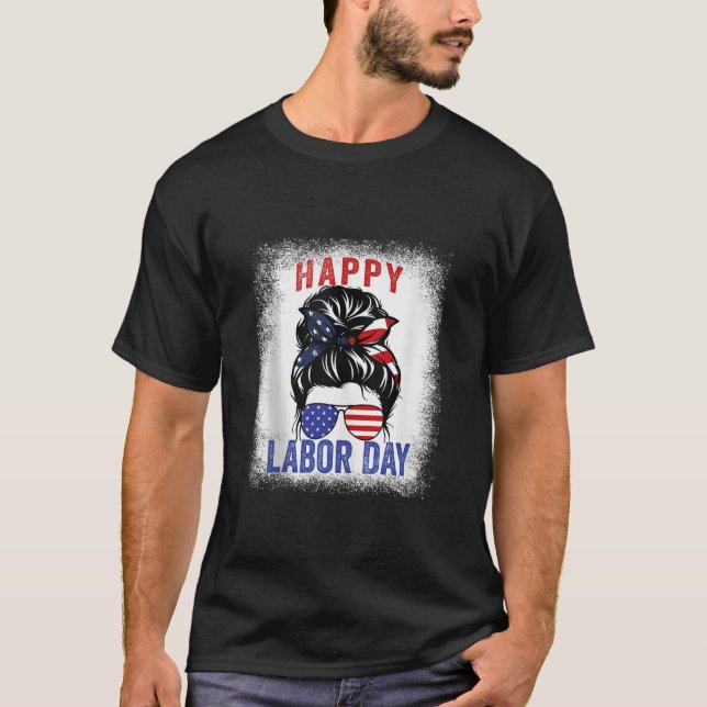 Happy Labor Day Messy Bun USA Flag for Women Tank  T Shirt (Framsida)