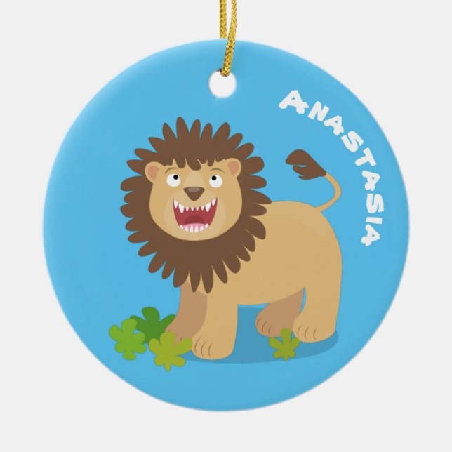 Happy lion roaring cartoon illustration julgransprydnad keramik (Framsidan)
